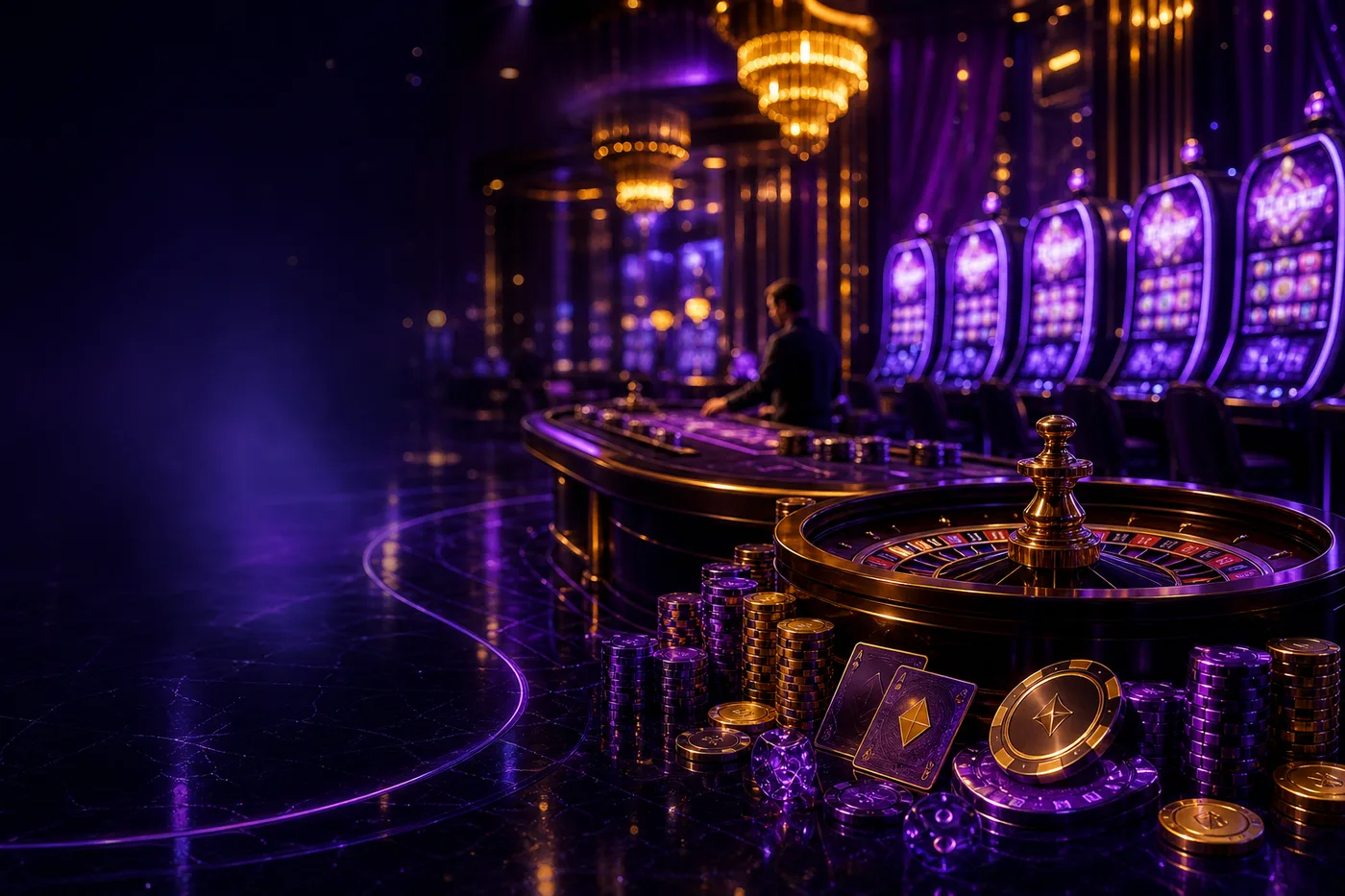 Casiny Casino lobby with glowing pokies and a live dealer table