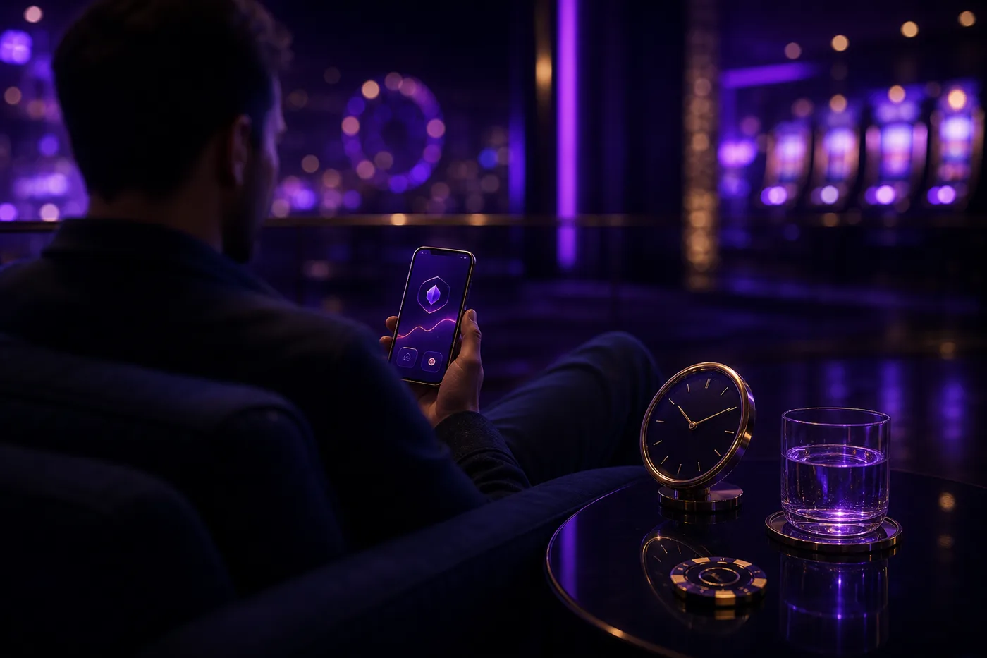 Person relaxing with a phone and a clock, showing balanced and controlled play